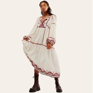 Free People White and Red Embroidered Dress